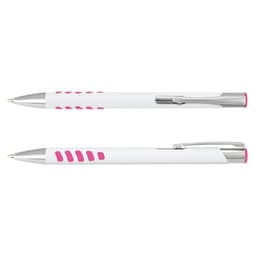 A metal pen with a white barrel and pink grip accents, featuring a clip and a logo.