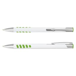 A metal pen with a white barrel and green accents, featuring a clip and a logo.