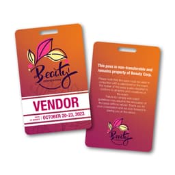 Two ID cards with a vibrant orange and pink gradient, featuring a floral design and a logo, along with event details.