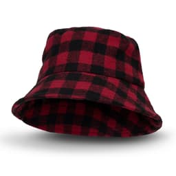 A red and black checkered bucket hat with a wide brim and a logo on the side.