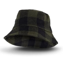 A green and black checked Fiordland bucket hat with a wide brim and a logo.