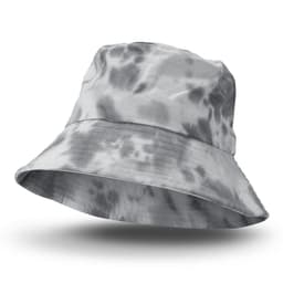A grey tie-dye bucket hat with a wide brim, featuring a logo on the side.