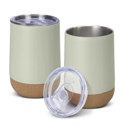 A drink bottle set in pale green and cork, featuring removable lids and a sleek design. Branding visible on the cup.