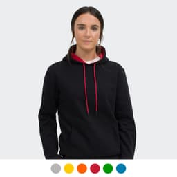 A black unisex hoodie with a red contrast drawstring and a front pocket, featuring a branding logo.
