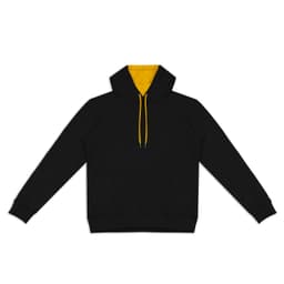 A black unisex hoodie featuring a yellow contrast hood and drawstrings, with a front pocket and branding.