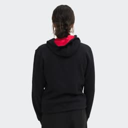 A black unisex hoodie with a red inside hood, featuring a logo on the back.