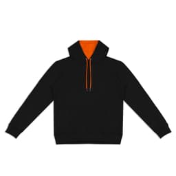 A black unisex hoodie with an orange interior, featuring a front pocket and drawstring hood. It has a logo.