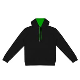 A black unisex hoodie with a green interior hood and drawstrings, featuring a front pocket and a logo.