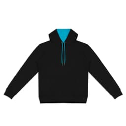 A black unisex hoodie with a turquoise hood and drawstrings, featuring a front pocket and a logo.