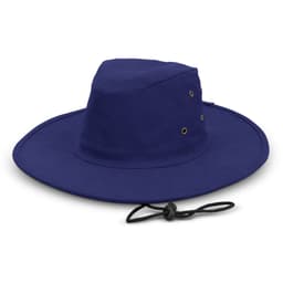A navy blue wide brim hat with eyelets and a drawstring adjustment. It has a structured crown and a wide brim.