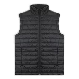 A black puffer vest featuring a zip front and a high collar. The vest has a quilted pattern and includes branding.
