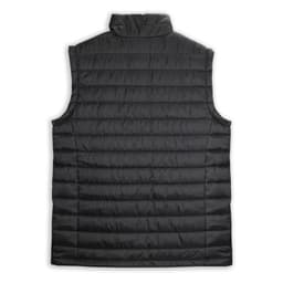 A black men's puffer vest with a high collar and quilted texture, featuring a logo on the back.