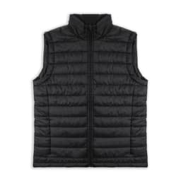 A black puffer vest with a high collar and zip closure, featuring a logo on the front.