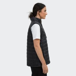 A side view of a women's black puffer vest with a hood, featuring a smooth quilted design.