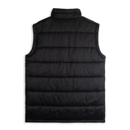 A black men's puffer vest with a quilted design and no sleeves, featuring a collar and a logo.