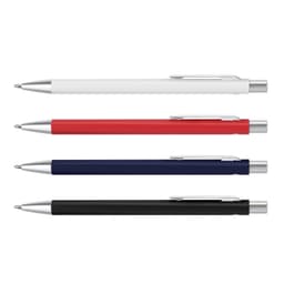 A set of four metal pens in white, red, navy blue, and black, each featuring a silver clip and detailing.