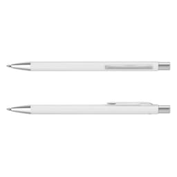 A metal pen featuring a sleek white body and silver accents, with a clip for easy attachment.