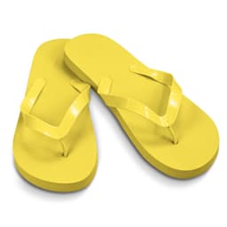 Yellow flip flops with a textured surface and smooth straps, featuring a logo on the sole.