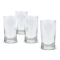 Four clear glass tumblers with a sturdy base, arranged closely together on a white background.