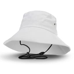 A white bucket hat with a wide brim and an adjustable chin strap, featuring a logo.