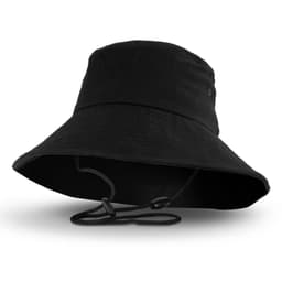 A black Yuma bucket hat with a wide brim and adjustable strap at the base. It features a logo branding.