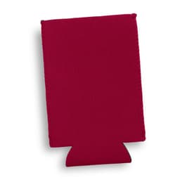 A maroon slim can cooler with stitching details and a bottom cutout, featuring a logo.