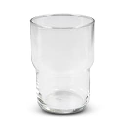 A clear stackable glass tumbler with a smooth, modern design, featuring a rounded upper section and a sturdy base.