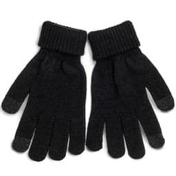 A pair of black knitted gloves with a ribbed cuff and touch-screen fingertips. Features a logo on the wrist.
