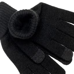 A pair of black gloves with a ribbed cuff, featuring textured tips on the fingers. The gloves have a logo.