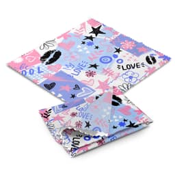 A RPET microfibre cleaning cloth in shades of pink, blue, and white with various decorative patterns and a logo.