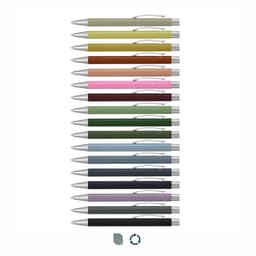 A collection of metal pens in various colours, featuring silver accents and a logo on each pen.