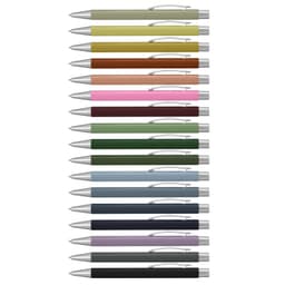 A collection of metal pens in various colours, each featuring a silver clip and detailing.