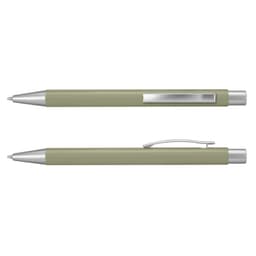 A green metal pen with silver accents, featuring a clip and a smooth design. It has a branding logo.