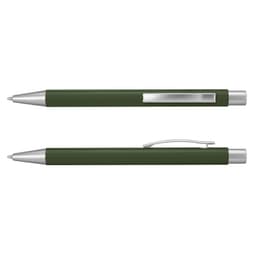 A metal pen in a matte green finish with silver accents and a clip. It features a sleek, modern design.
