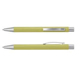 A metal pen in a vibrant green colour with silver accents and a clip. It features a sleek design.