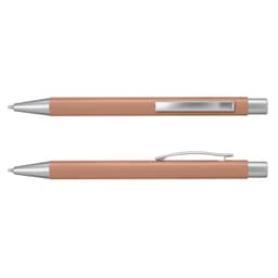 A metal pen in a soft orange colour with silver accents and a clip, featuring a sleek design.