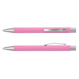 A pink metal pen featuring silver accents and a clip, displayed from two angles. It has a logo on the barrel.