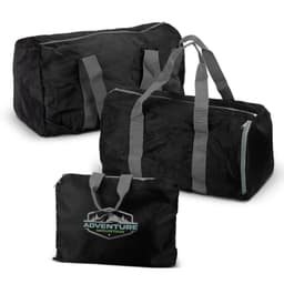 A black foldable duffle bag with grey straps and a logo. It displays three sizes of the bag.
