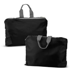 A black foldable duffle bag with grey handles, featuring a zip closure and a compact design.