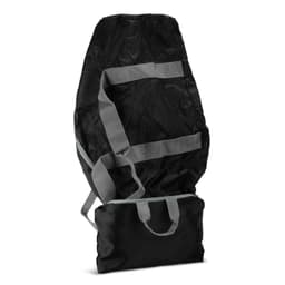 A black foldable duffle bag with grey straps, featuring a compact design and a pliable material.