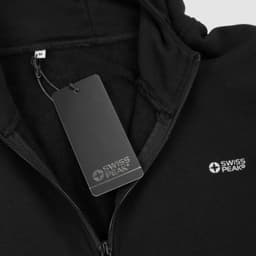 A black hoodie featuring a zip and a tag, with a small branding logo on the front.