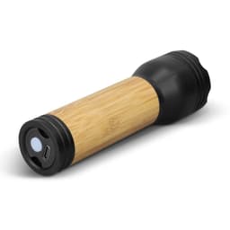 A rechargeable bamboo torch with a black end cap and USB charging port, featuring a sleek, natural bamboo body.