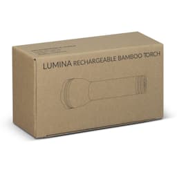 A cardboard box containing a Lumina rechargeable bamboo torch, featuring a simple outline illustration of the product.