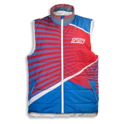 A custom puffer vest in red and blue with a logo, featuring a stylish geometric design.
