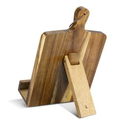 A wooden recipe book holder with a natural finish, featuring a sturdy base and a handle for easy carrying.