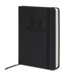 A5 daily diary in sleek black with an embossed logo and an elastic closure.