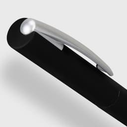 A black metal pen with a silver clip, featuring a sleek and modern design. It has a logo on the side.