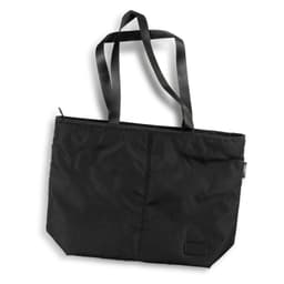 A black tote bag with long handles and a zippered top, featuring a simple design and a logo.