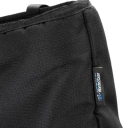 A black cooler with a textured surface, featuring a logo on the side.