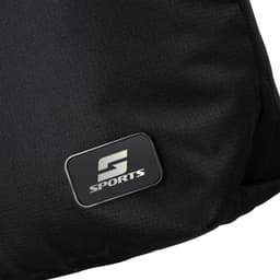 A black sports bag featuring a logo on a textured surface. The bag is sleek and compact in design.